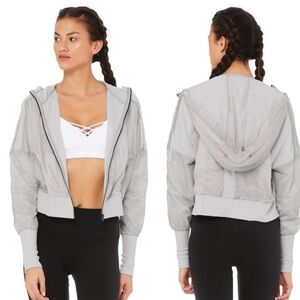 ALO Yoga Aqua jacket gray mesh inserts hooded slightly cropped jacket size: M